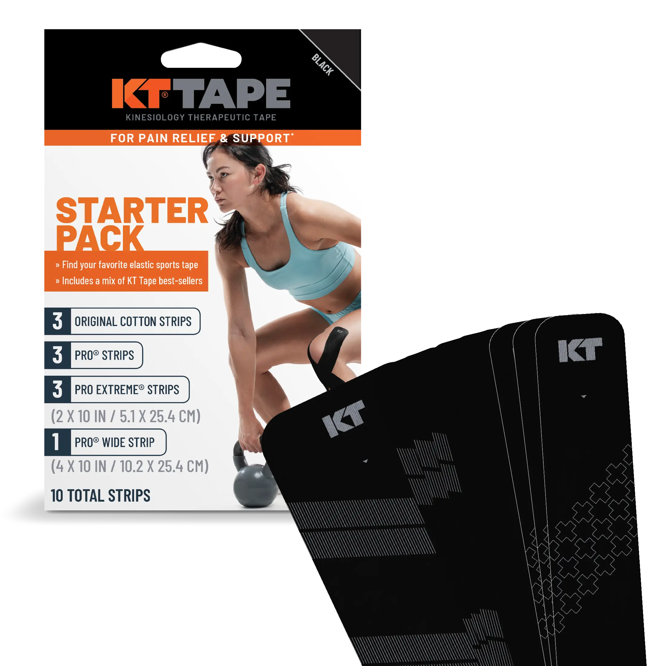 KT Tape Starter Pack kinesiology tape kit in Black – starter set with precut strips for muscle and joint support#color_black