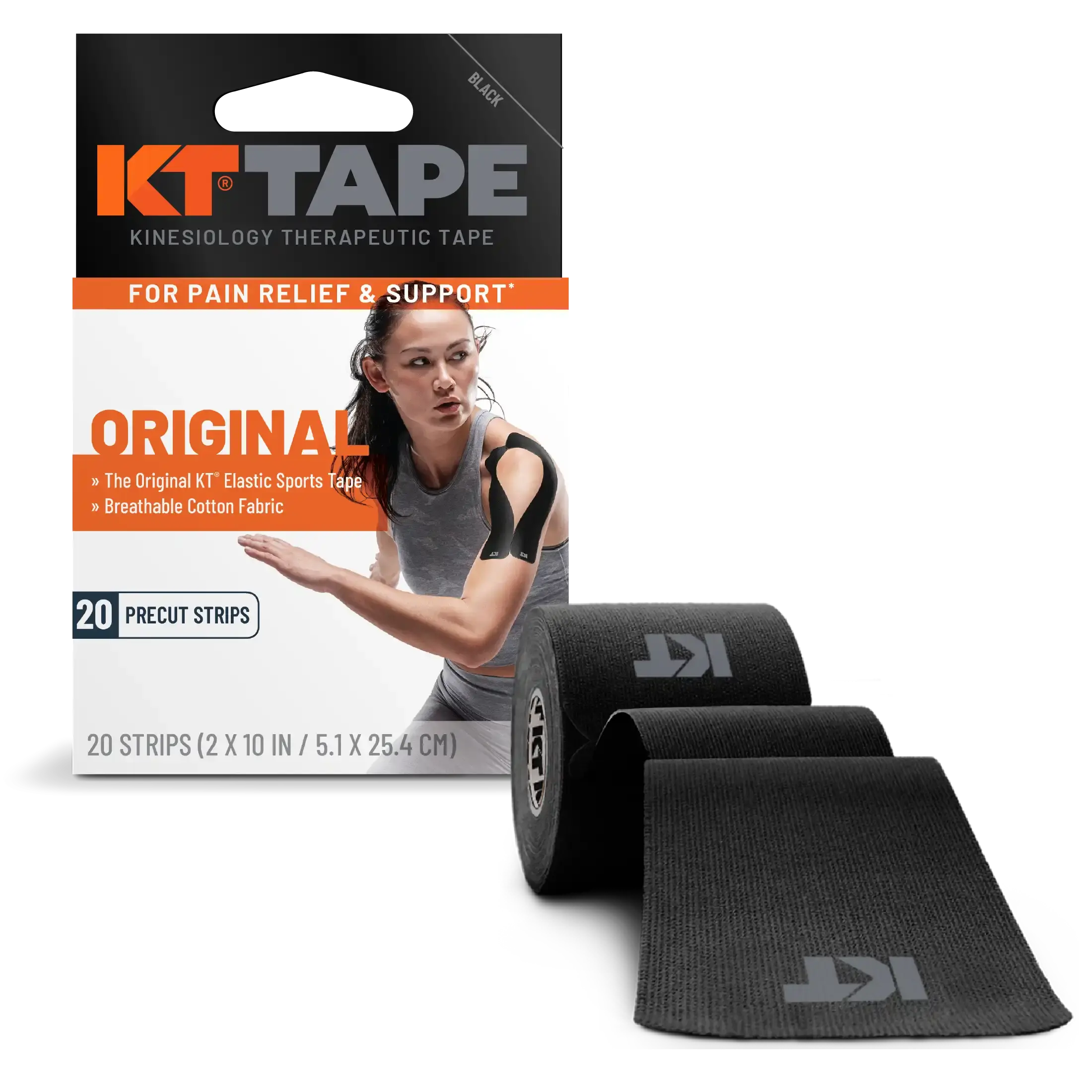KT Tape Original Cotton kinesiology tape in Black - 20 precut strips for joint and muscle support#color_black