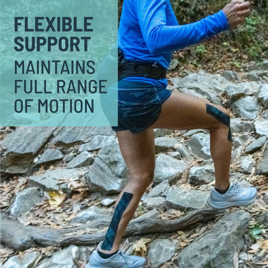 Person wearing a KT Tape Muscle & Joint Pain Relief Tape while hiking on a rocky trail with text about flexible support.