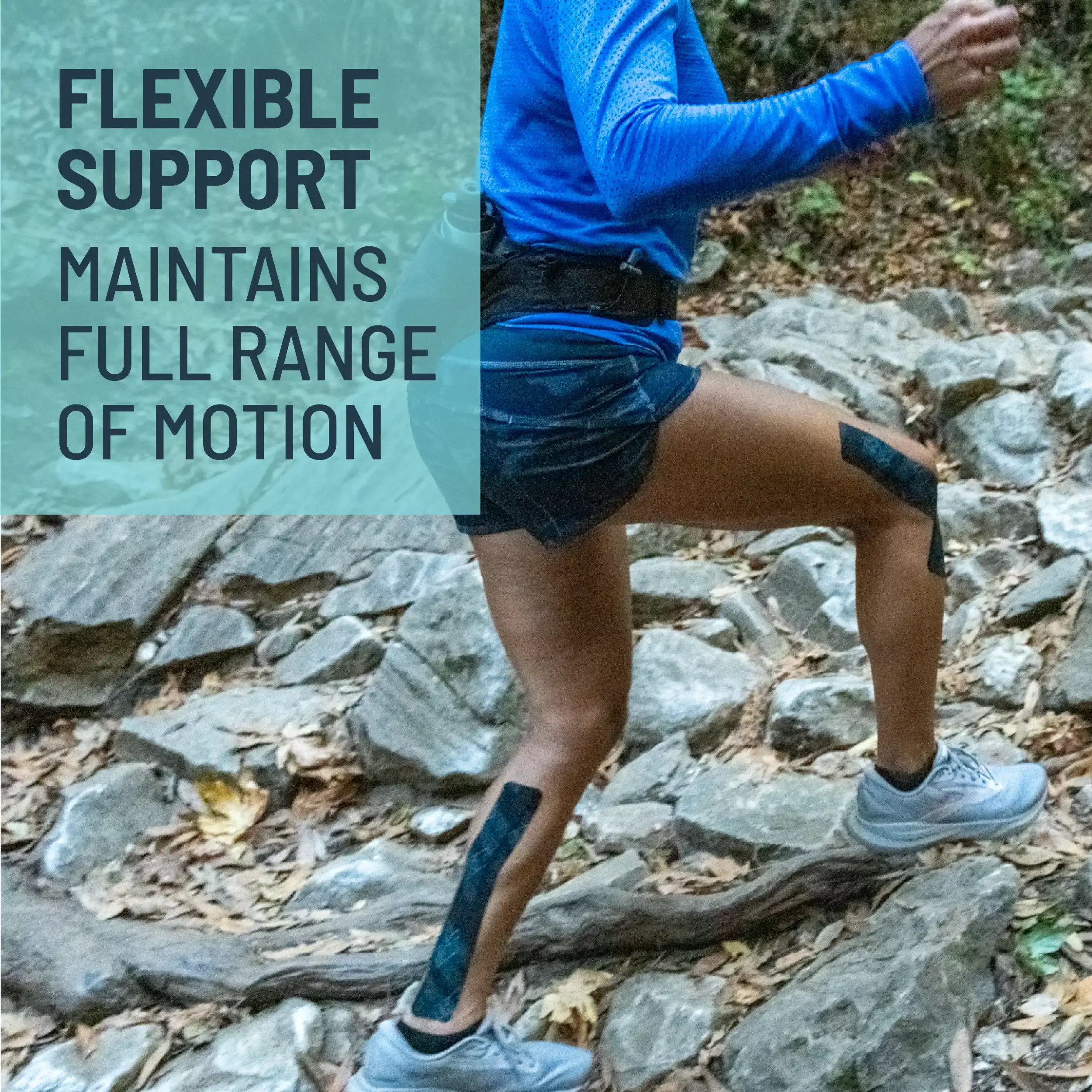 Person wearing a KT Tape Muscle & Joint Pain Relief Tape while hiking on a rocky trail with text about flexible support.