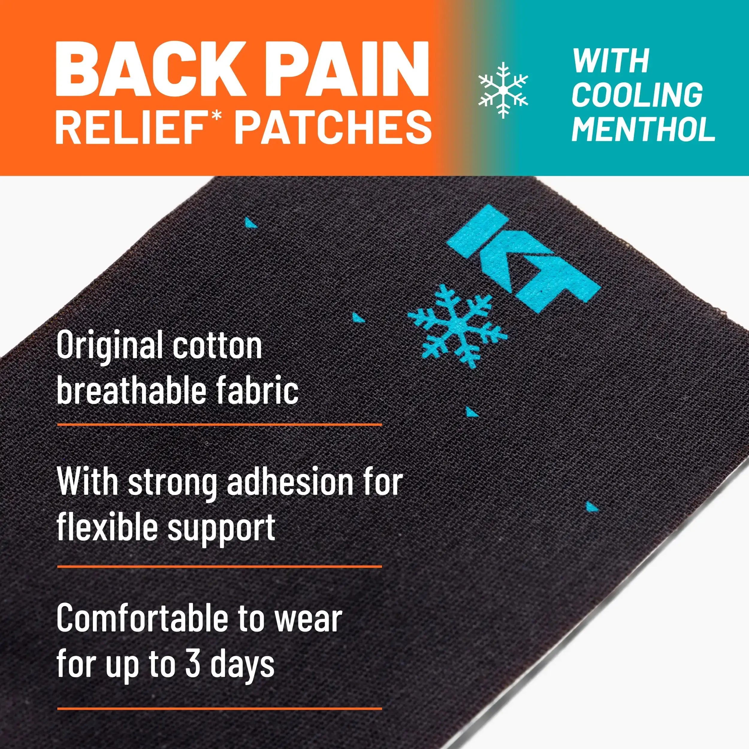 KT Tape Back Pain Relief Patches with Cooling Menthol. Original Cotton breathable fabric. With strong adhesion for flexible support. Comfortable to wear for up to 3 days.