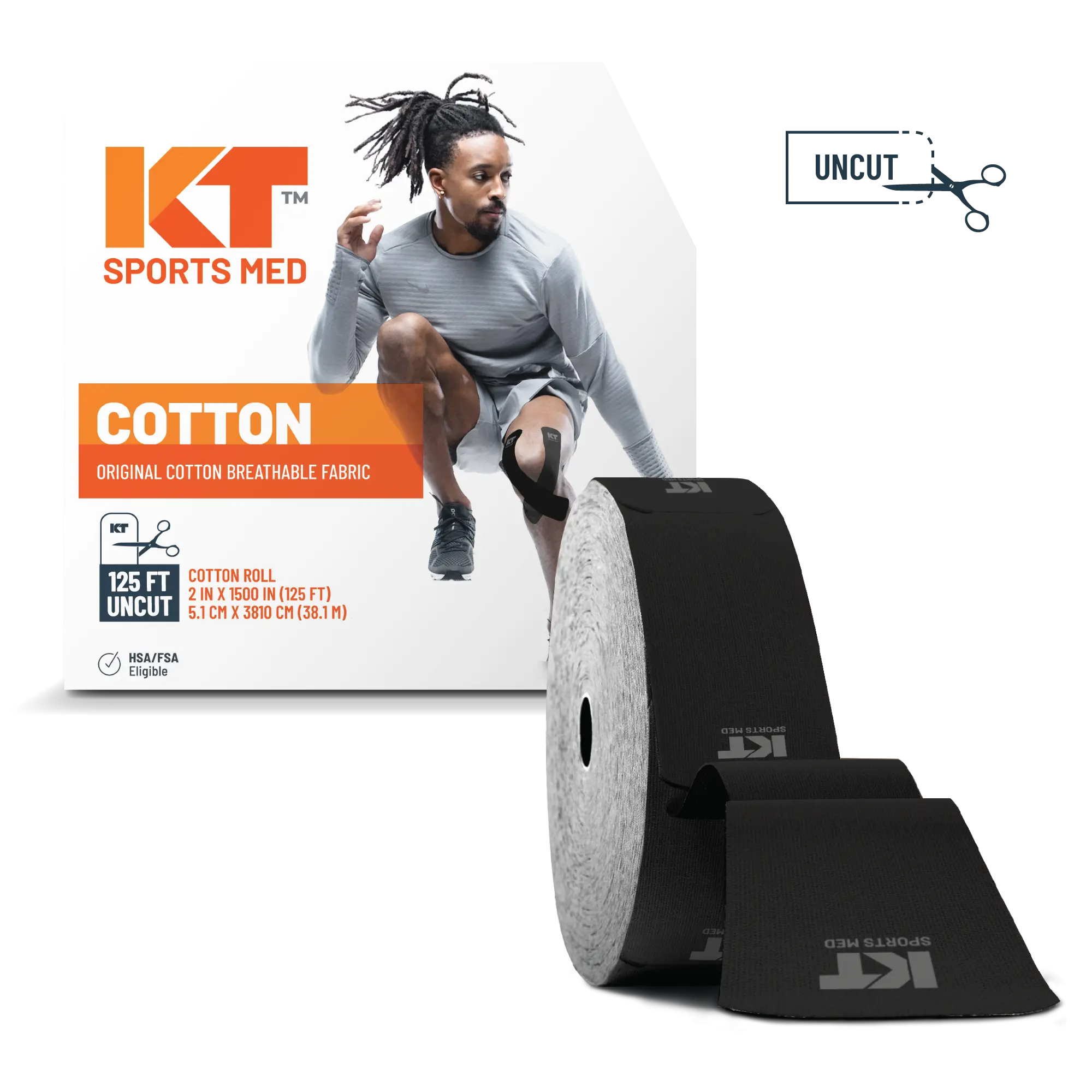 KT Tape Original Cotton kinesiology tape in Black – 125 ft uncut roll for gentle joint and muscle support#color_black