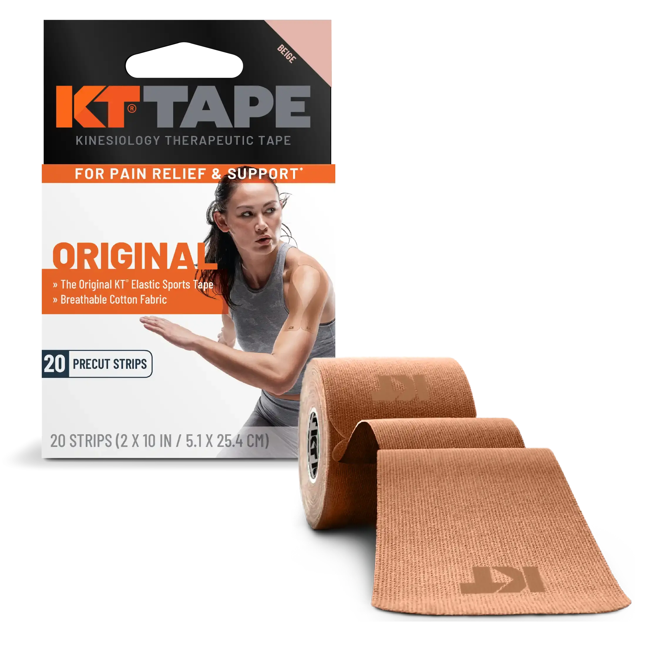 KT Tape Original Cotton kinesiology tape in Beige - 20 precut strips for joint and muscle support#color_beige