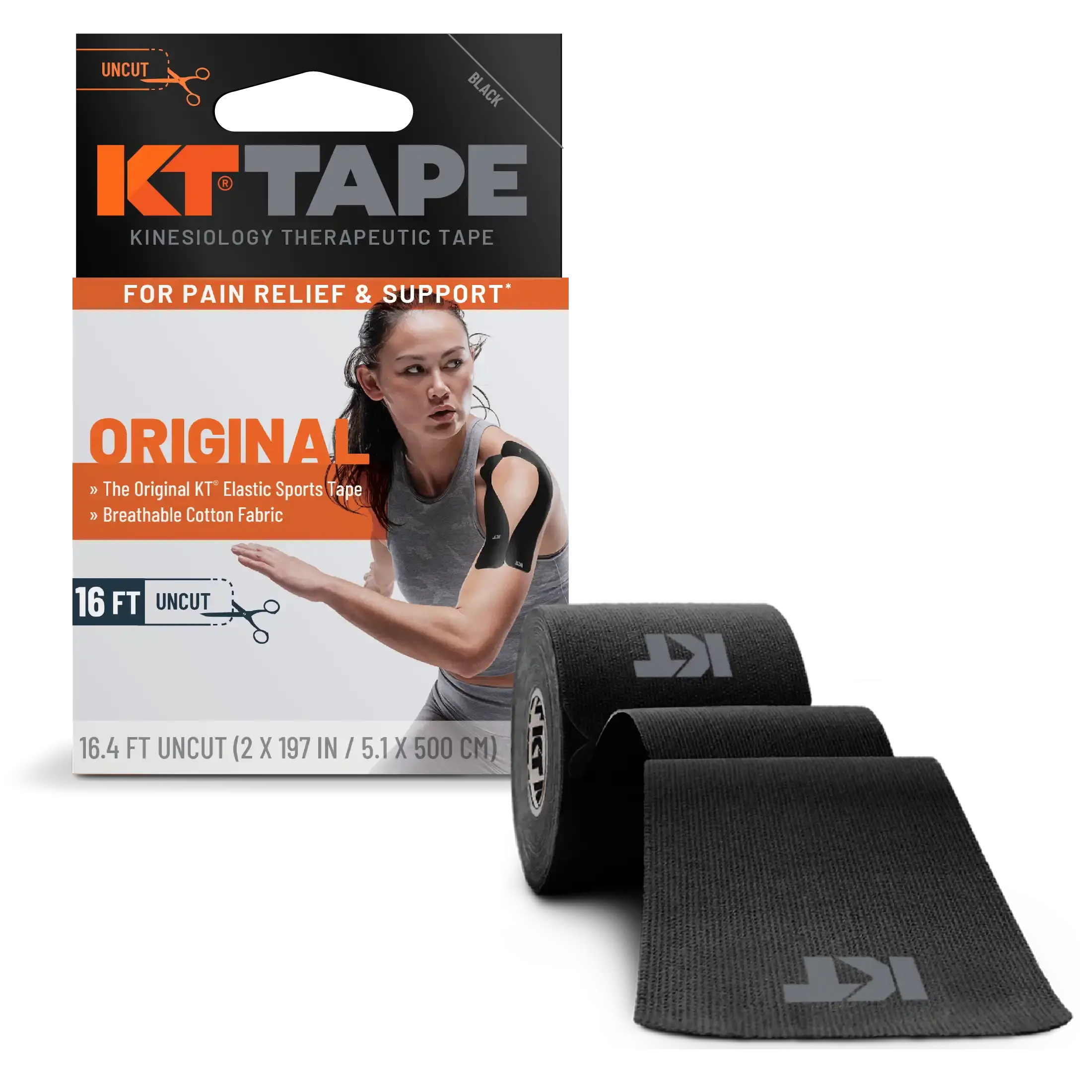 KT Tape Original Cotton kinesiology tape in Black – 16 ft uncut roll for gentle joint and muscle support#color_black