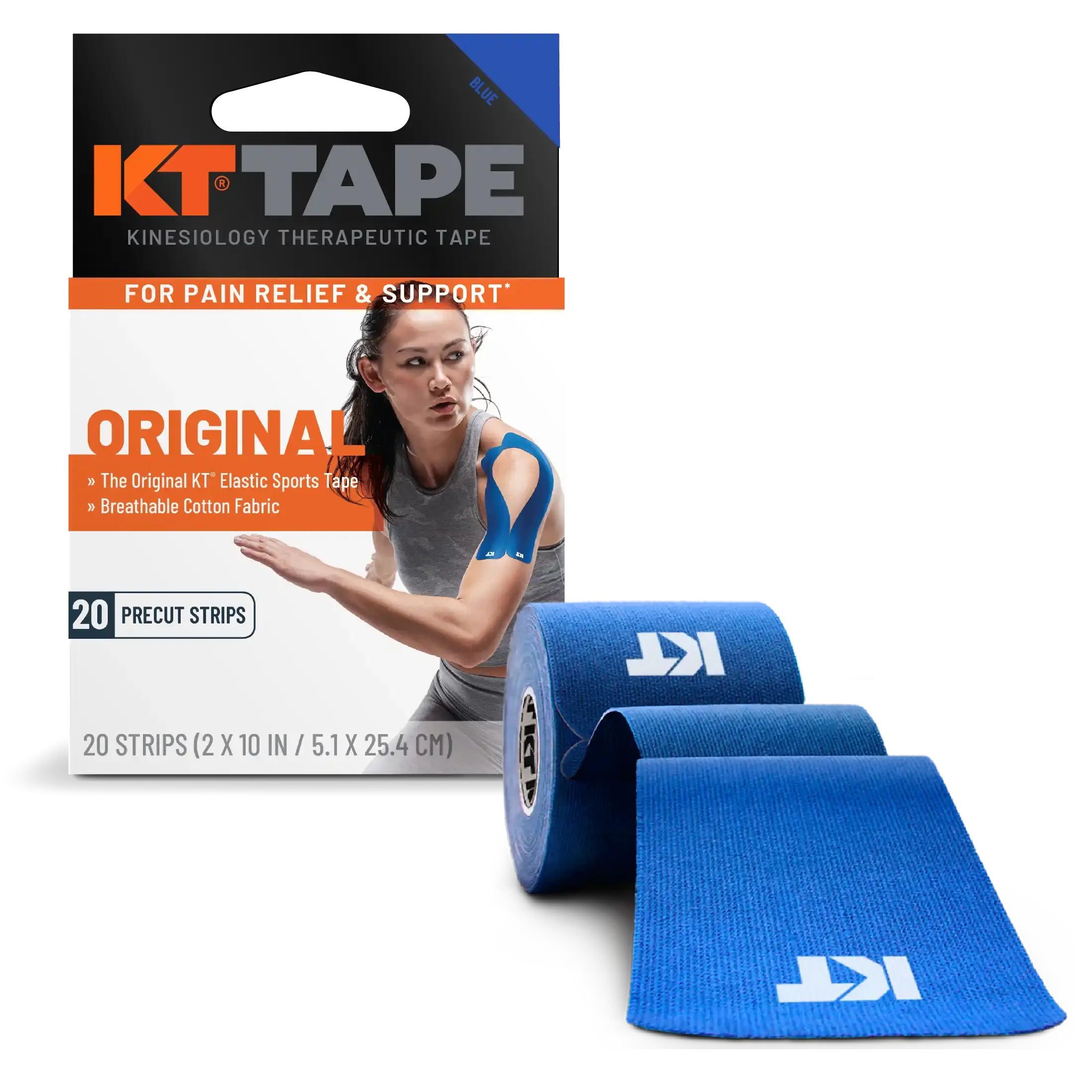 KT Tape Original Cotton kinesiology tape in Blue - 20 precut strips for joint and muscle support#color_blue