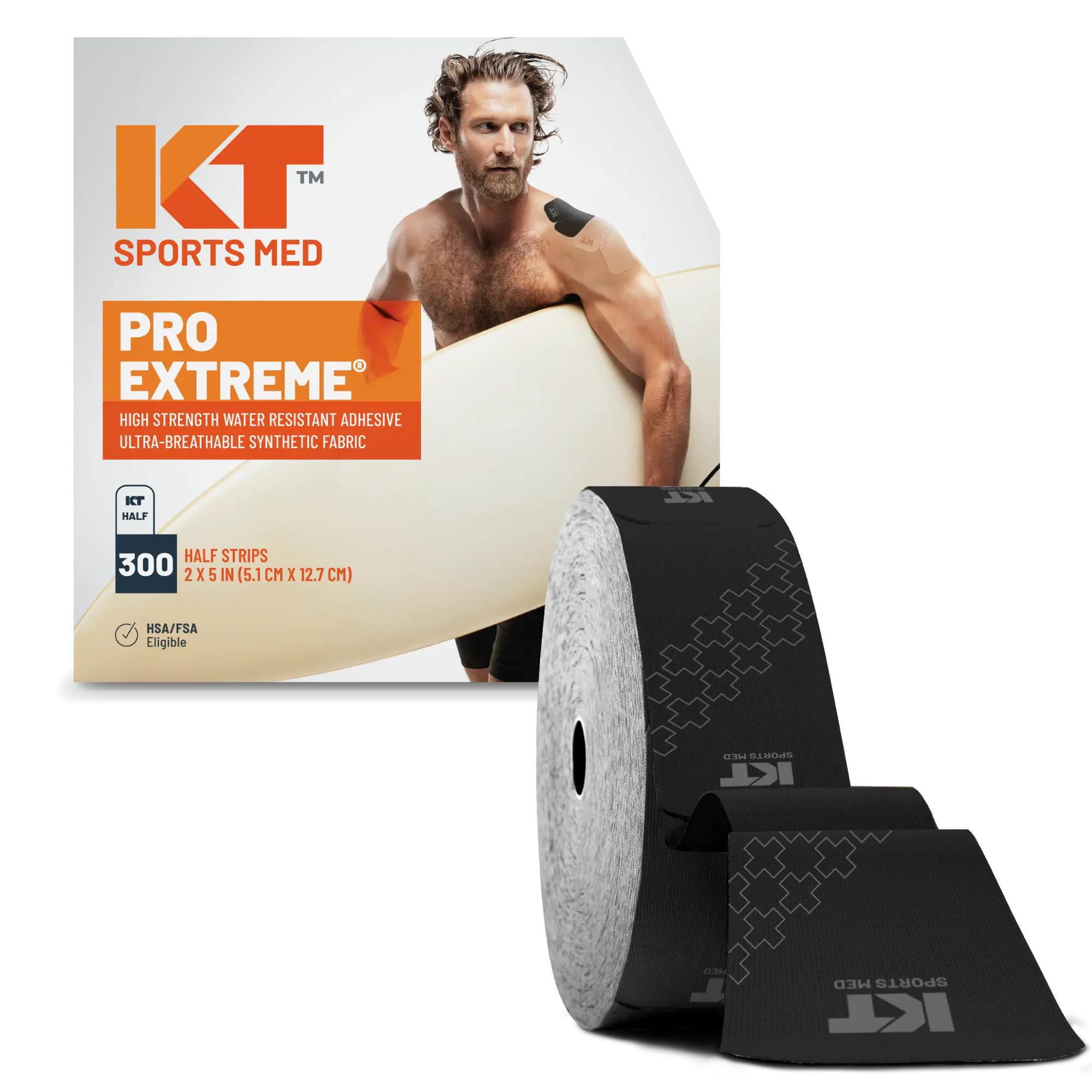 KT Tape Pro Extreme maximum strength kinesiology tape in Jet Black – 300 precut 5 inch half strips for intense athletic support#color_jet-black