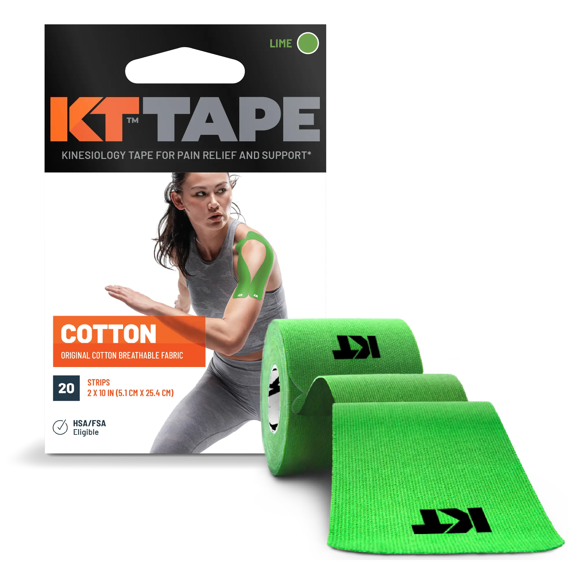 KT Tape Original Cotton kinesiology tape in Lime - 20 precut strips for joint and muscle support#color_lime