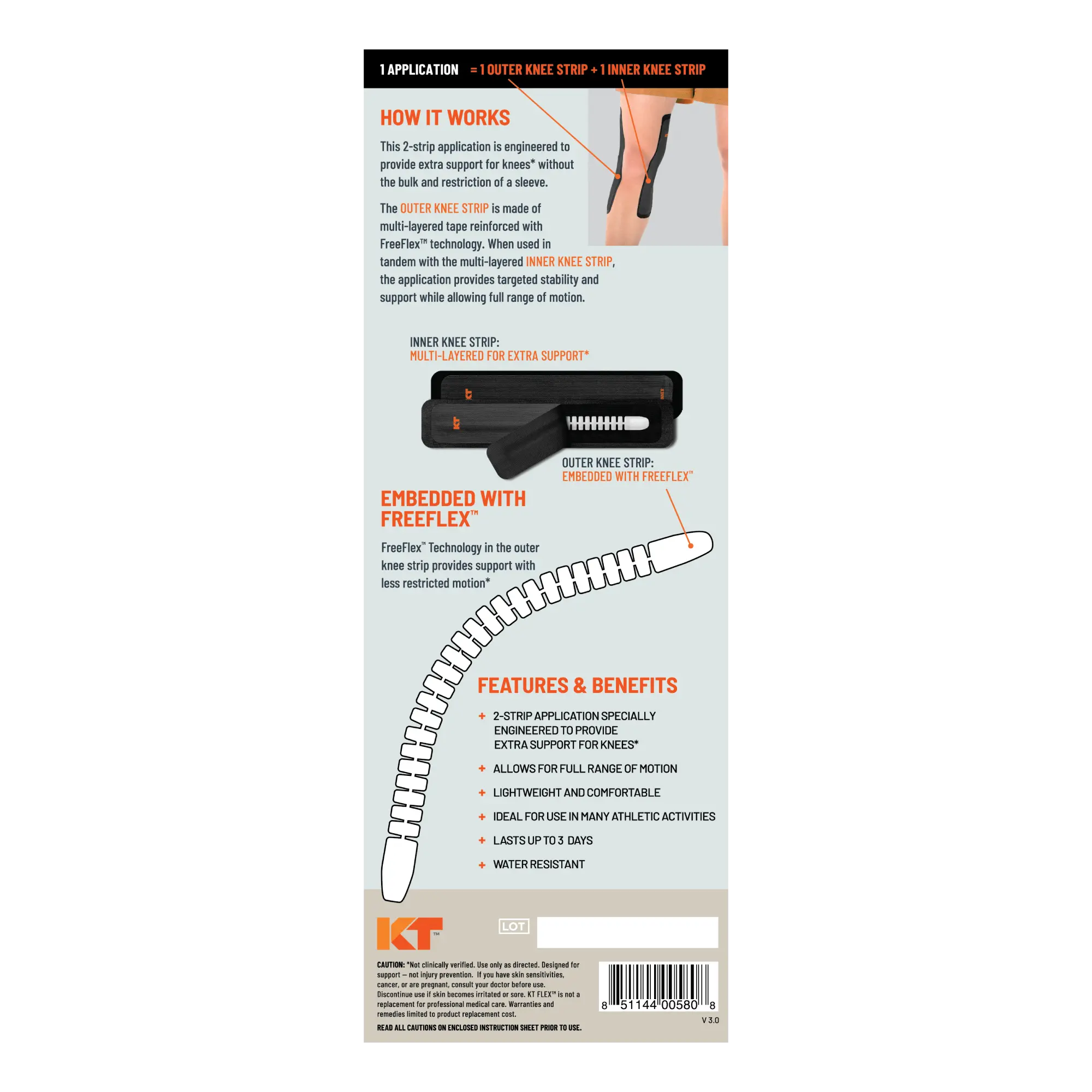 KT Tape Flex packaging back panel explaining how the knee support system works, highlighting inner and outer knee strips with FreeFlex technology, features, and application benefits.