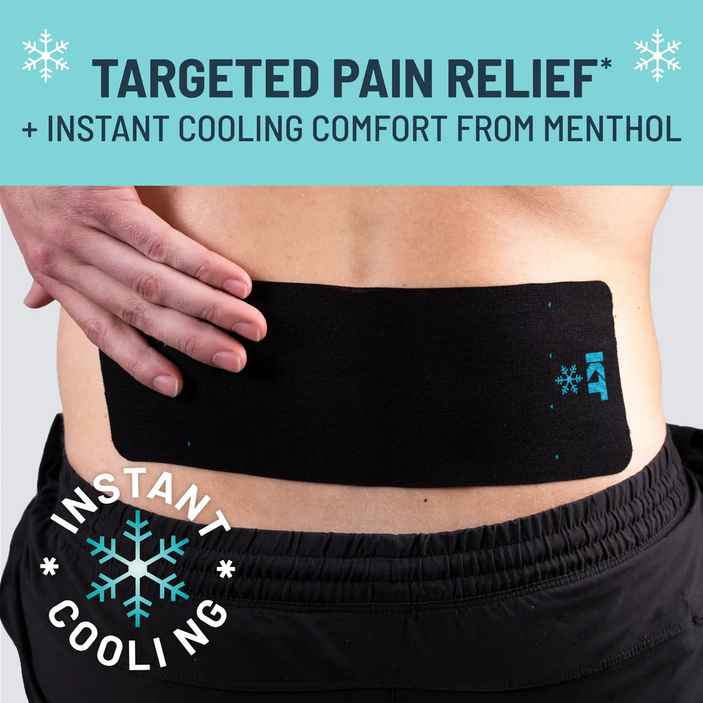 Person wearing a KT Tape Back Pain Relief Patch with text about targeted pain relief and instant cooling comfort from menthol.