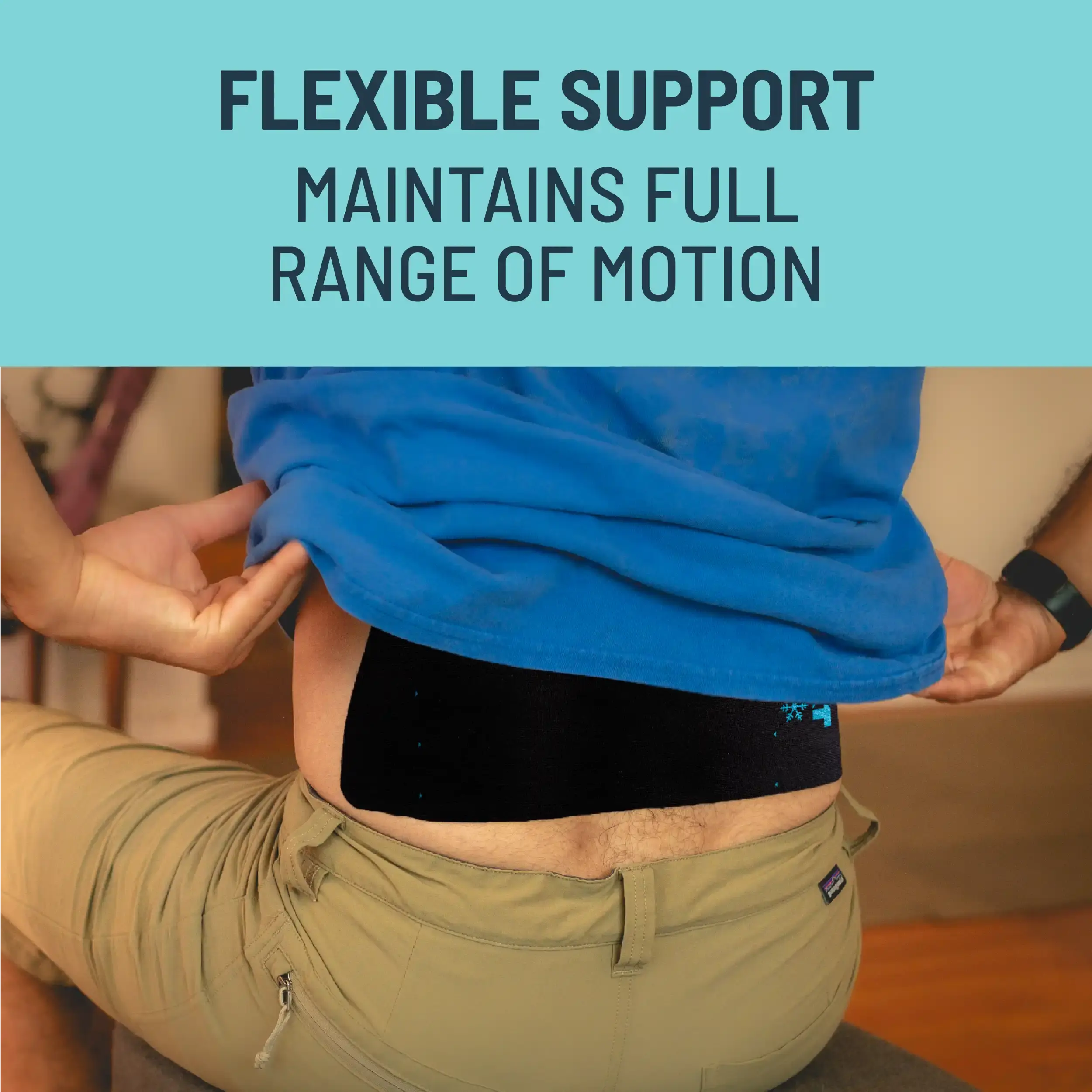 Person wearing a KT Tape Back Pain Relief Patch with text about flexible support on a blue background