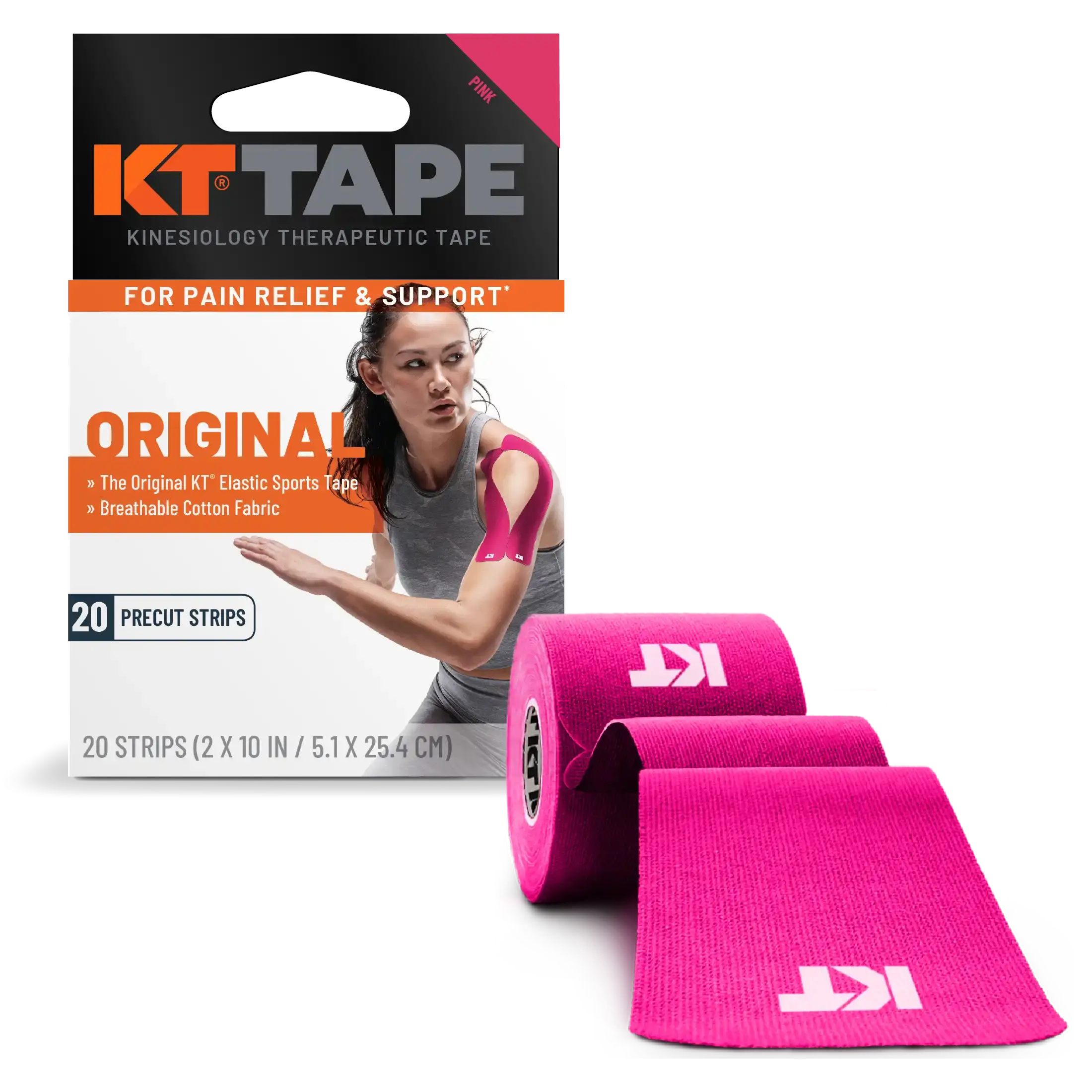 KT Tape Original Cotton kinesiology tape in Pink - 20 precut strips for joint and muscle support#color_pink