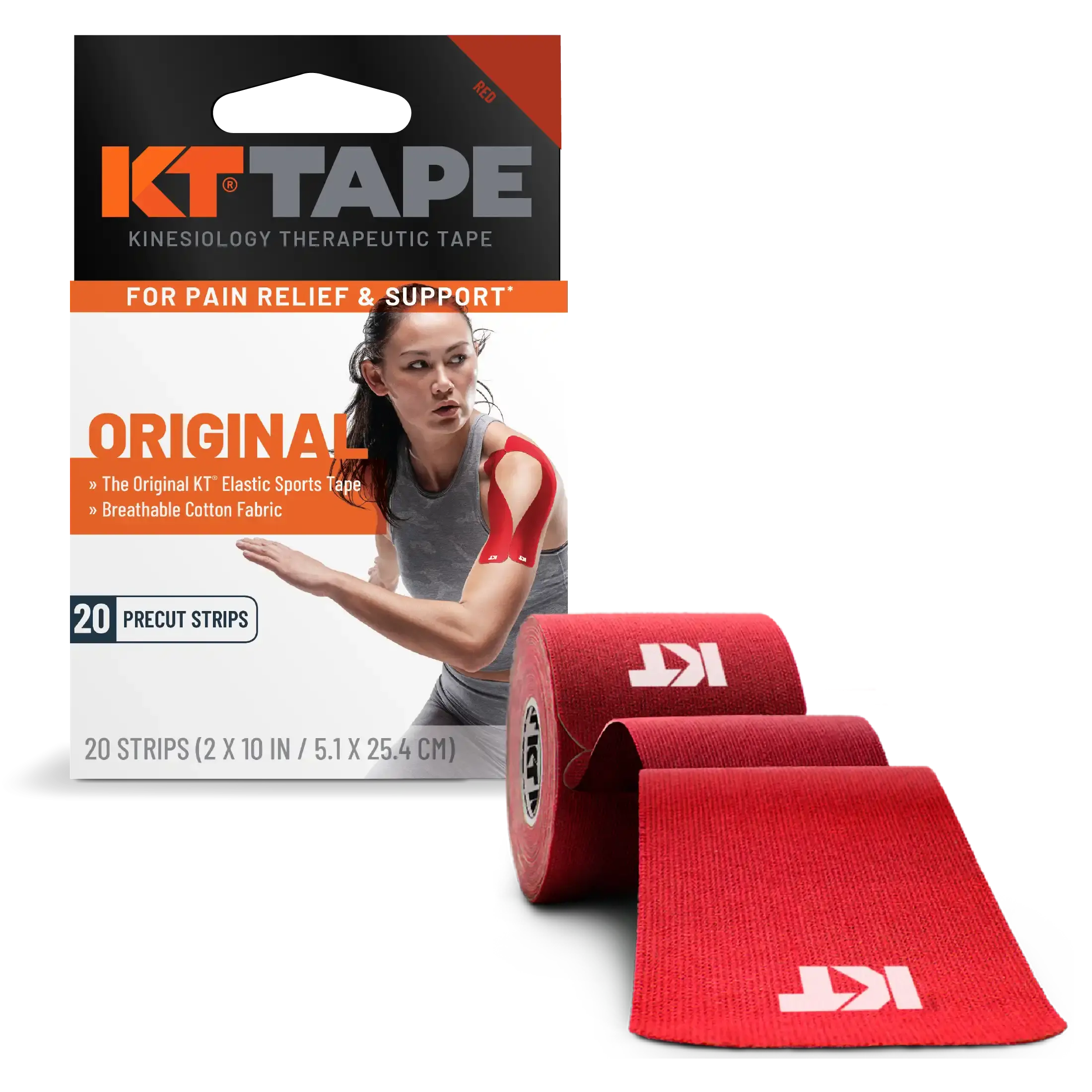 KT Tape Original Cotton kinesiology tape in Red - 20 precut strips for joint and muscle support#color_red
