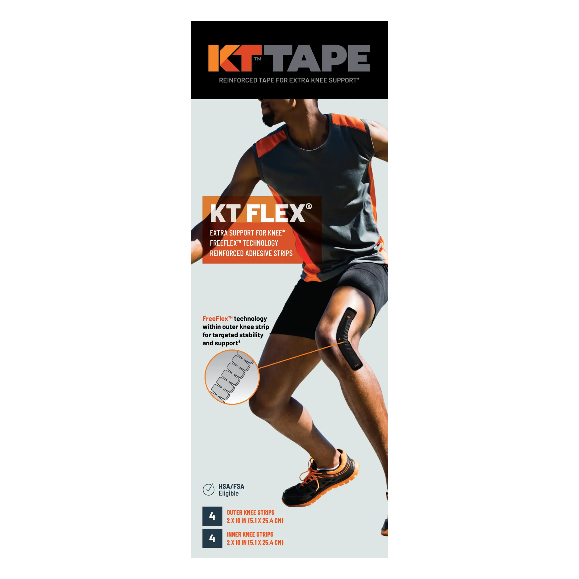 Promotional image of KT Tape Flex knee support, showing an athlete wearing KT Flex reinforced adhesive strips on the knee to provide targeted stability and support during movement.
