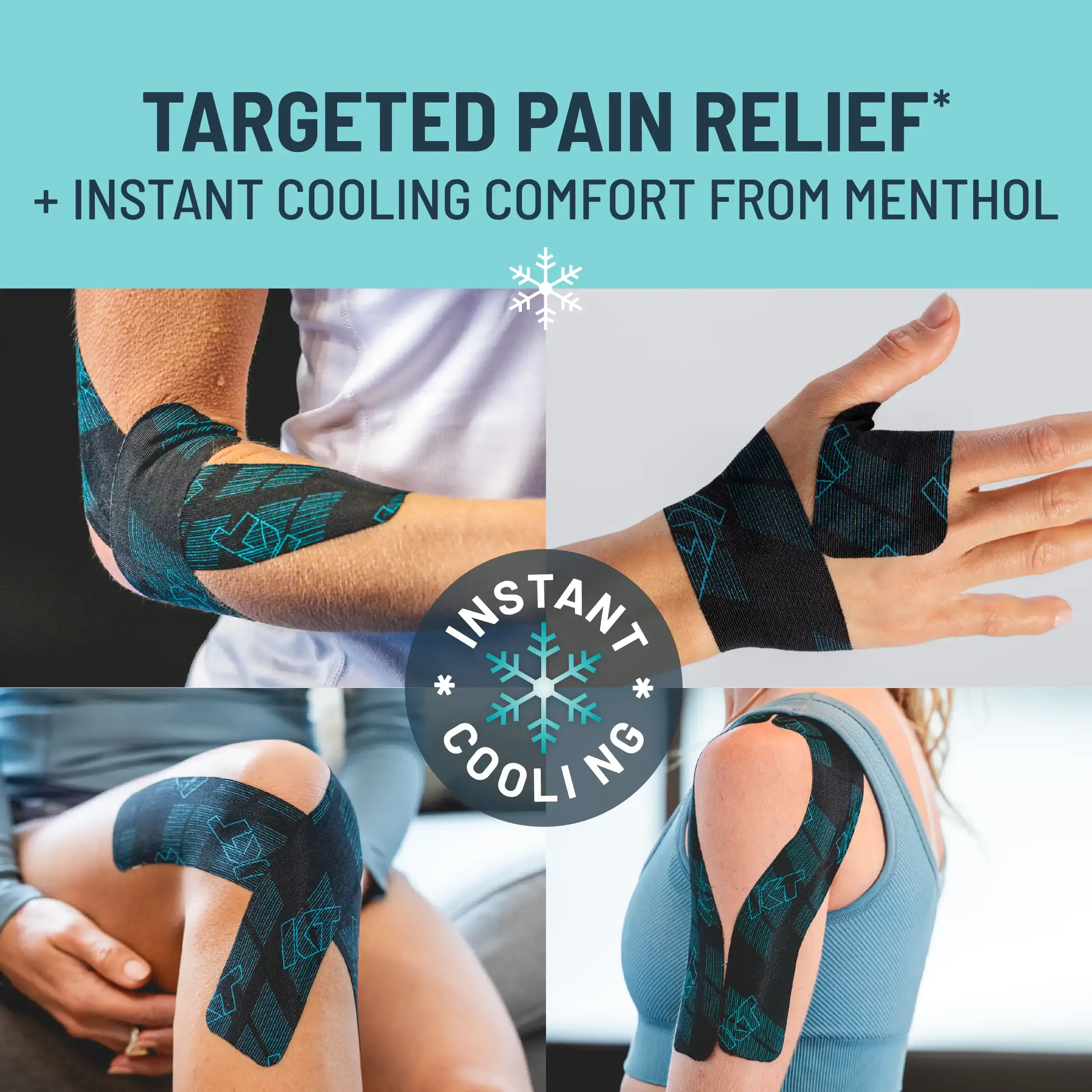 Collage of people wearing KT Tape Muscle & Joint tape on various parts of their body. Targeted pain relief + instant cooling comfort from menthol.