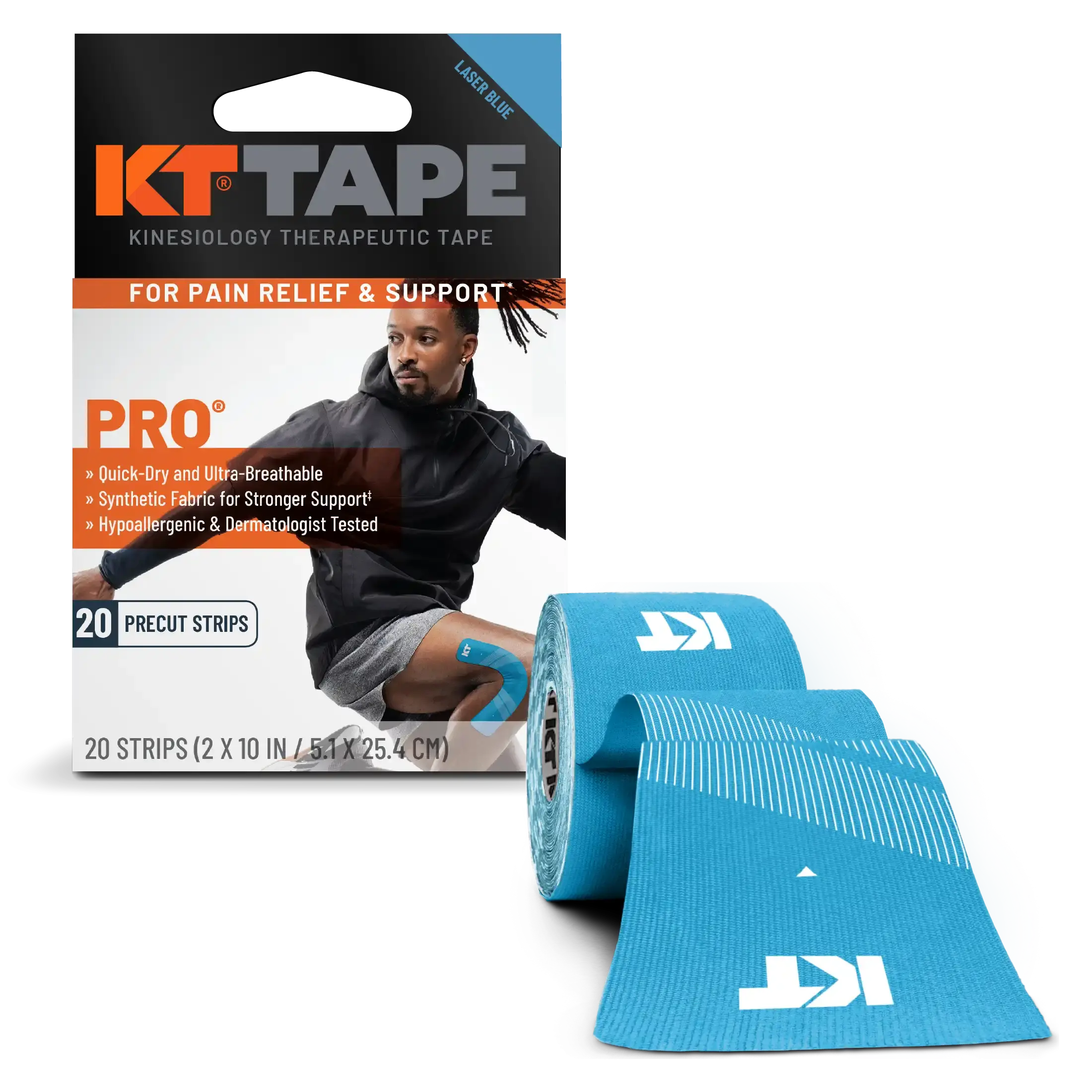 KT Tape Pro water-resistant synthetic kinesiology tape in Laser Blue - 20 precut strips for muscle support and pain relief#color_laser-blue